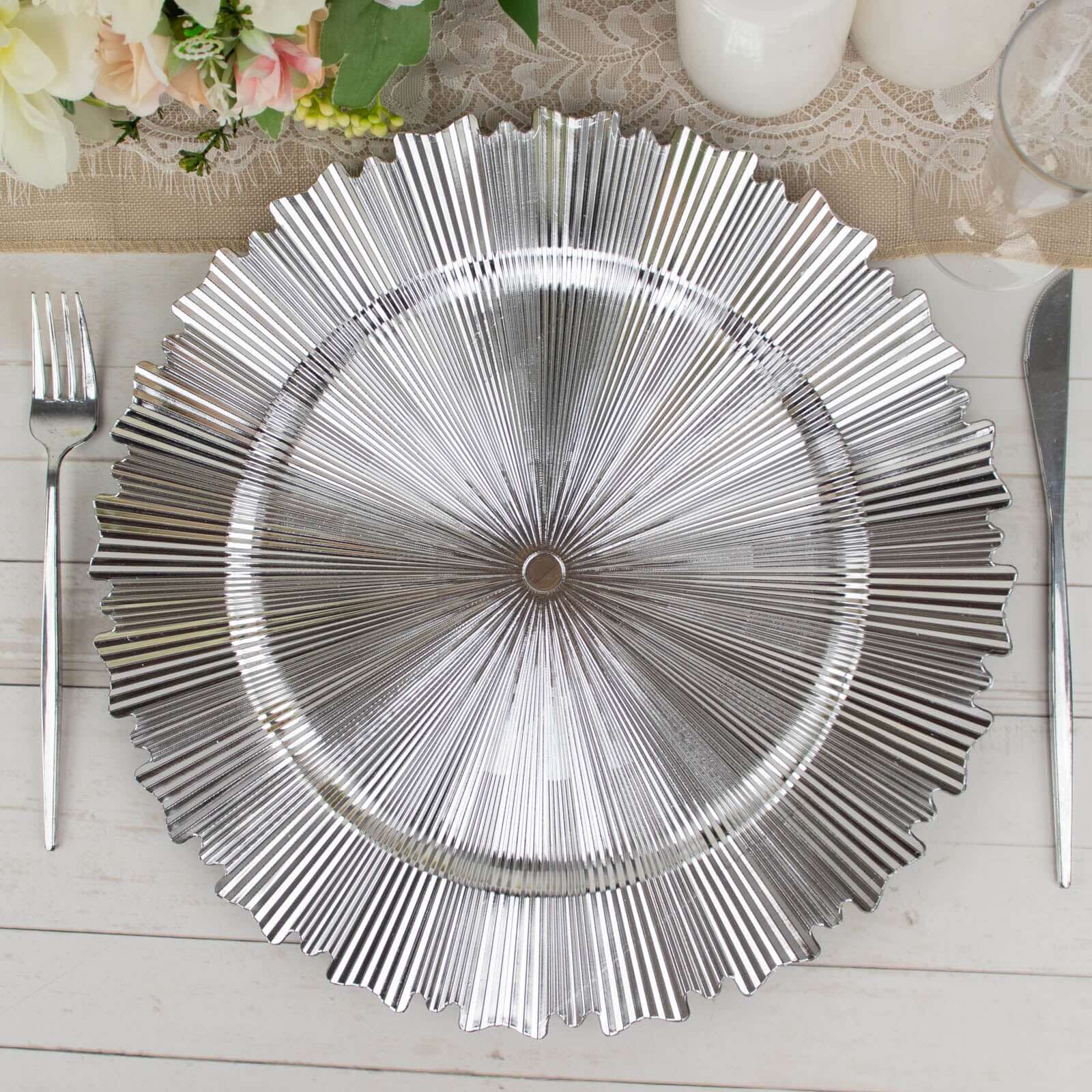 6-Pack Acrylic Plastic Round Charger Plates 13 in Metallic Silver with Sunray Scalloped Rim, Decorative Dinner Party Charger Tableware