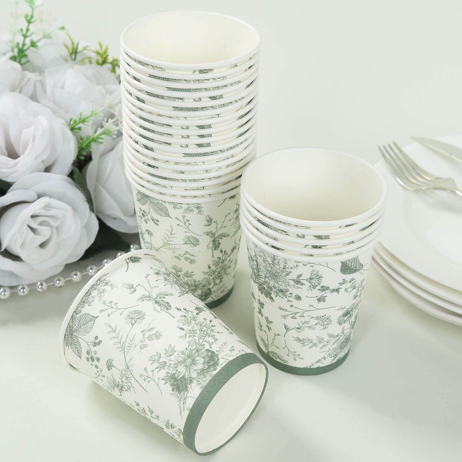 24-Pack Paper Cups White with Sage Green French Toile Print - Stylish Disposable Floral Party Cups for Hot & Cold Beverages 9oz