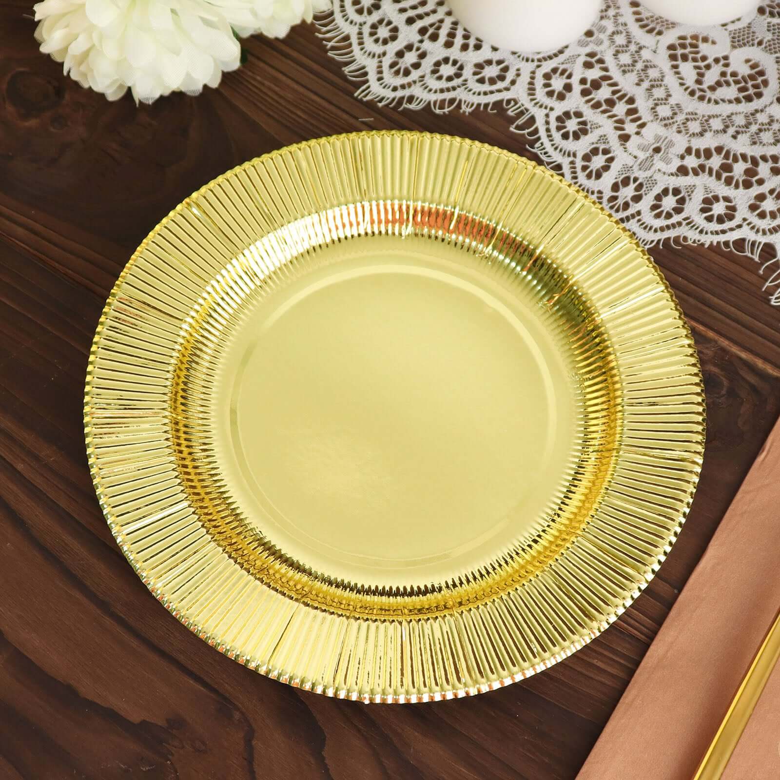 25-Pack Paper 8 Round Dessert Plates in Metallic Gold Sunray Design - Disposable Heavy Duty 350GSM Appetizer Salad Plates