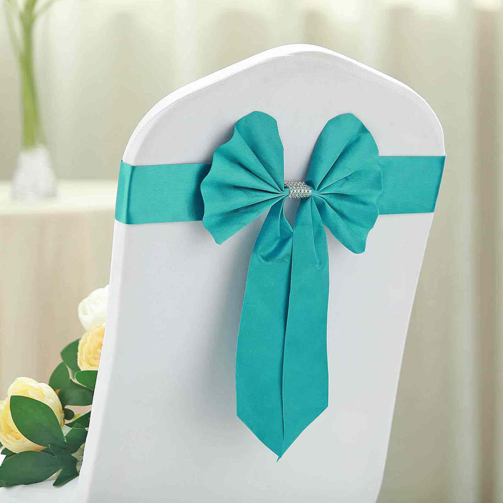 5 Pack Satin Faux Leather Chair Sashes Turquoise - Durable Double Sided Pre-tied Bow Tie Chair Bands with Diamond Rhinestone Buckles