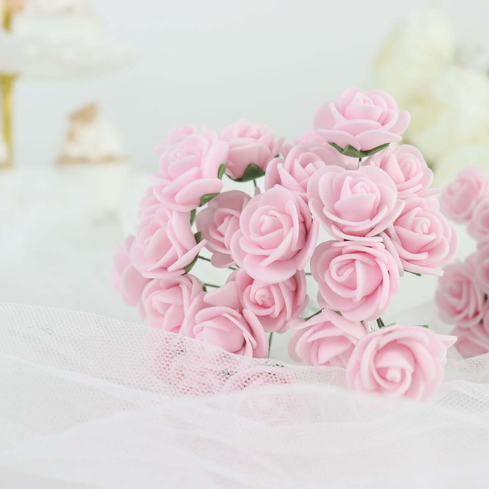 48 Roses 1 Pink Real Touch Artificial DIY Foam Rose Flowers With Stem, Craft Rose Buds