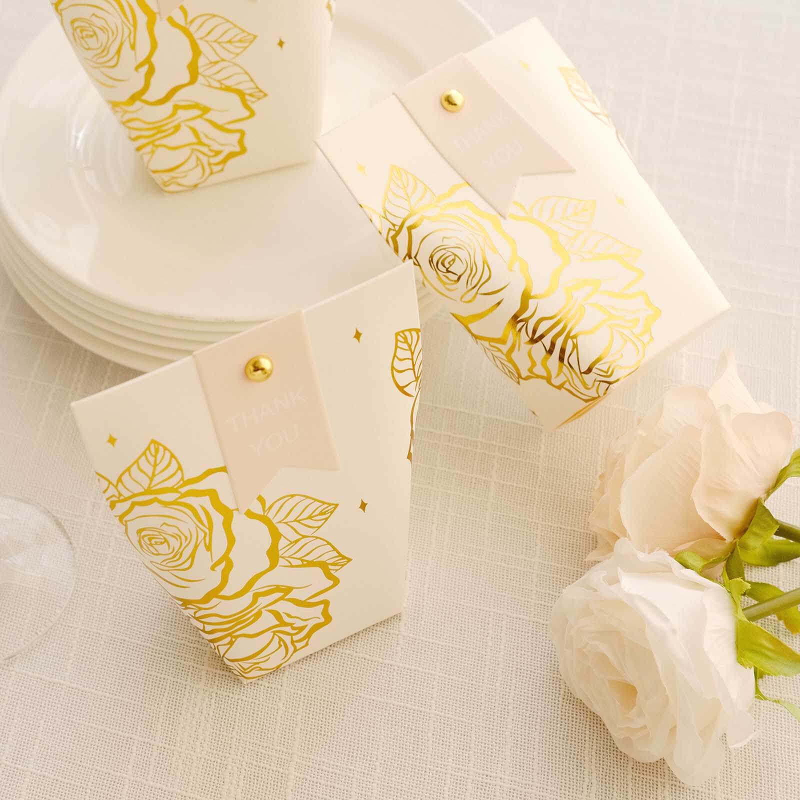 25 Pack White Paper Pouch Candy Gift Bags With Gold Rose Flower Print, Party Favor Boxes with Pin and Tags - 4.5x4