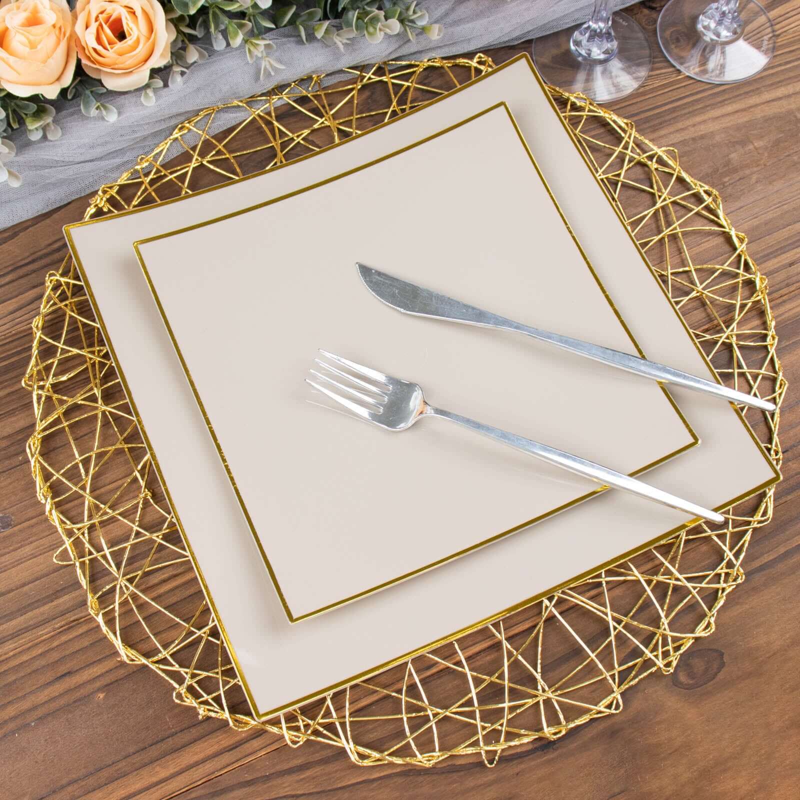 10-Pack Plastic 8 Square Dessert Plates in Taupe Concave Style with Gold Rim - Modern Disposable Salad Appetizer Party Plates