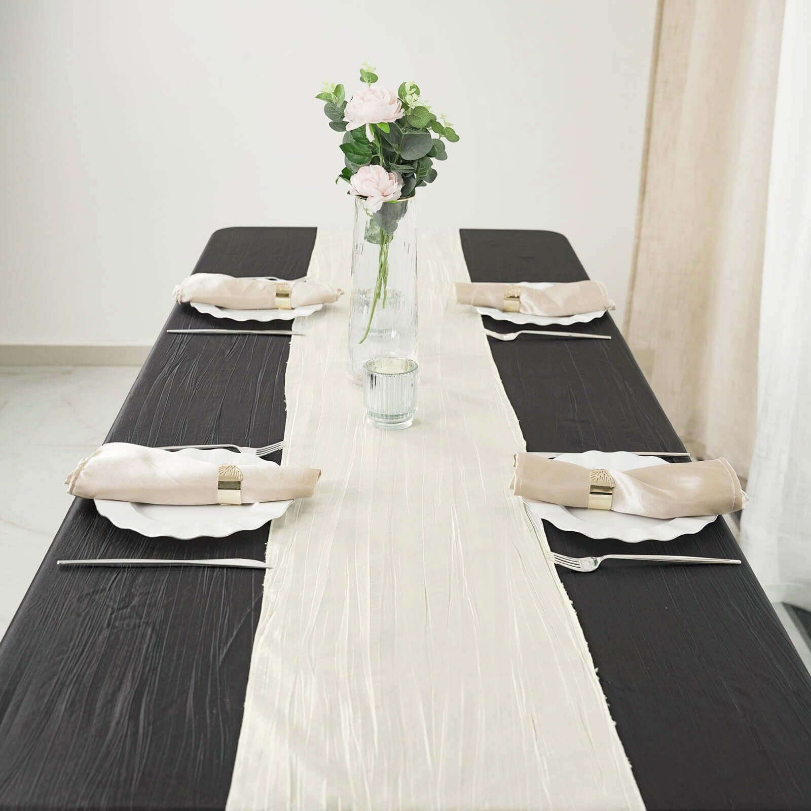 Taffeta 12x108 Table Runner Ivory - Accordion Crinkle Design