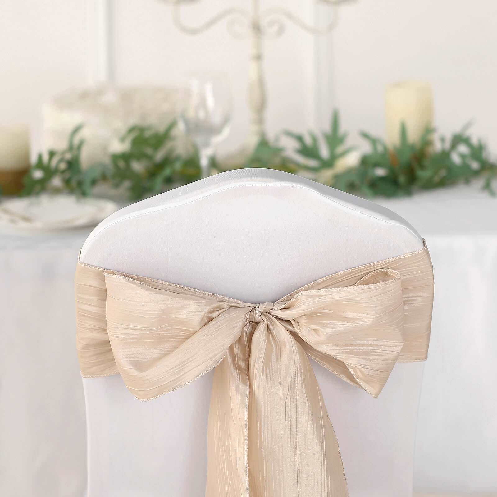 5 Pack Taffeta 6x106 Chair Sashes Beige Accordion Crinkle Texture - Stylish Decor for Weddings & Gatherings