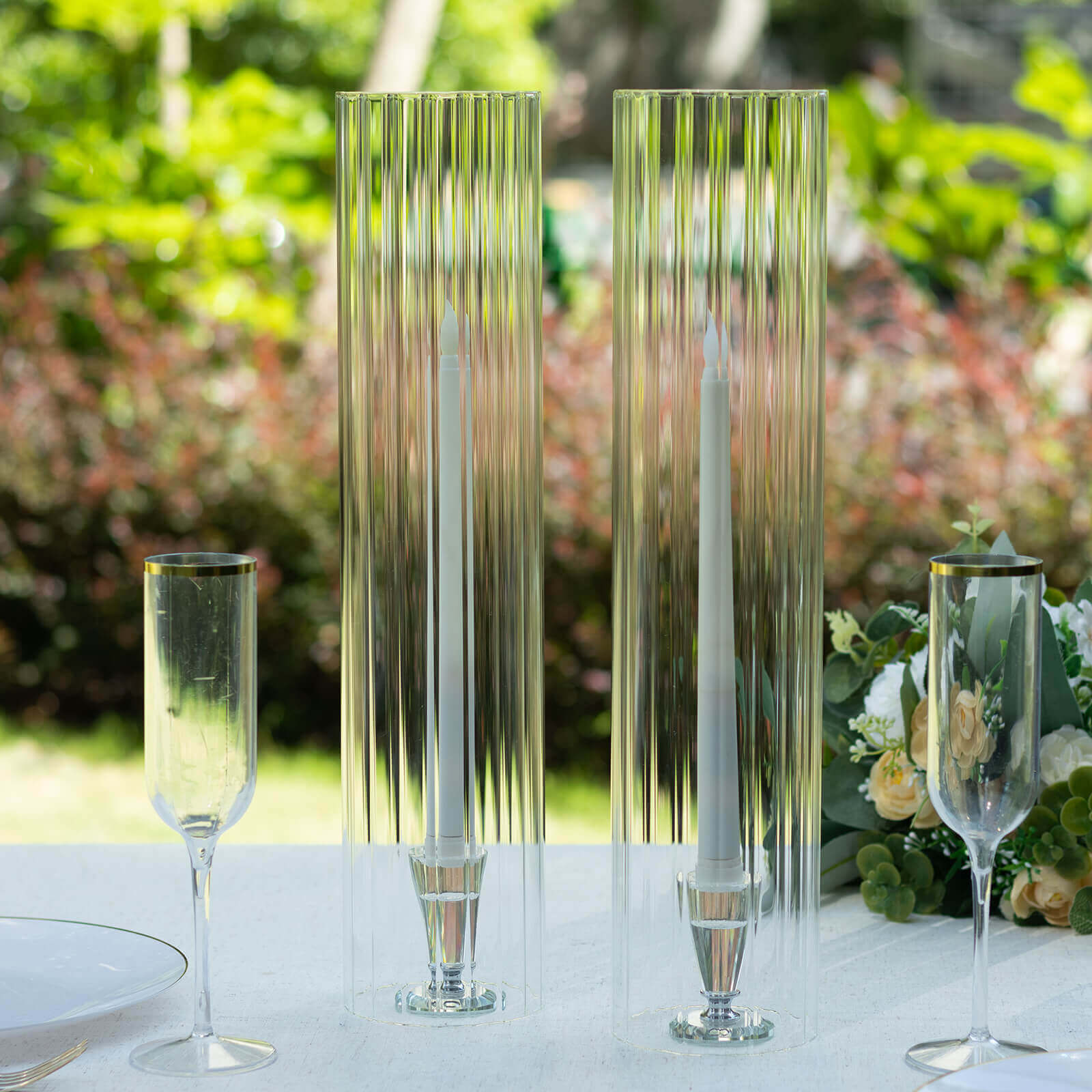 2-Pack Clear Ribbed Glass Hurricane Shades Open End Design - Stylish Candelabra Pillar Candle Holder Table Centerpiece 18