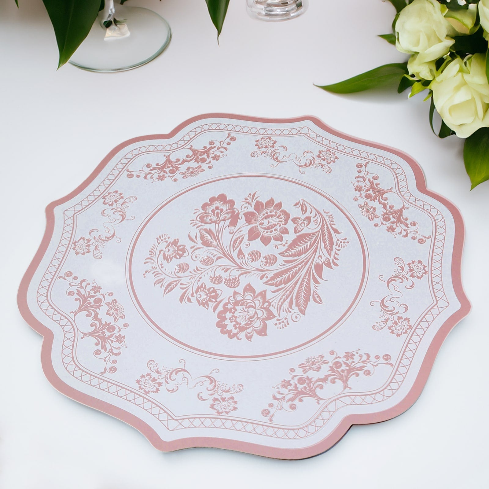 10-Pack Disposable Table Placemats 13 Round Placemats in White with Pink French Toile Pattern & Scalloped Rim - 400GSM Cardboard Placemats for Stylish Table Setting