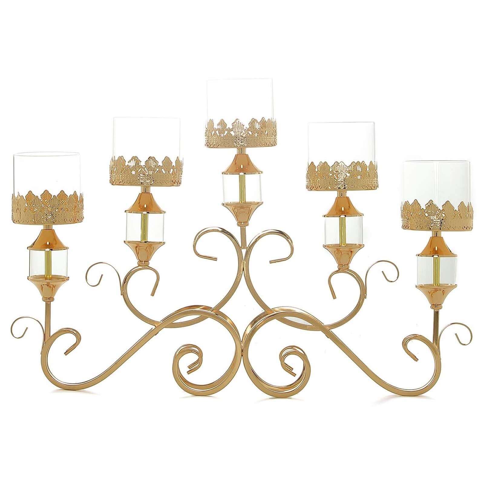 5-Arm Metal Table Candelabra Antique Gold Crown Top Design - Stylish Horizontal Table Centerpiece with Glass Votive Holders 18