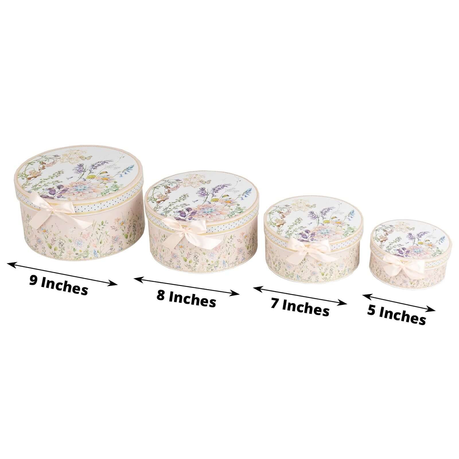 Set of 4 Cardstock Round Nesting Gift Boxes Blush Floral Design - Decorative Heavy Duty Stackable Keepsake Boxes With Lids for Presents Storage & Pedestal Stand 5,7,8,9