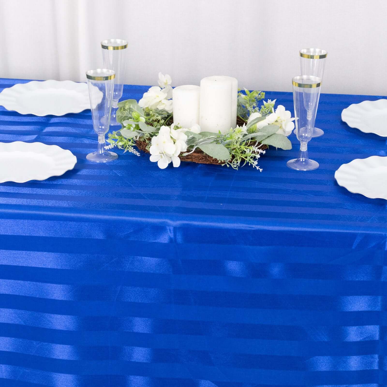 Satin Striped 90x132 Rectangular Tablecloth Royal Blue Satin Stripe - Seamless Silky Smooth Table Cover