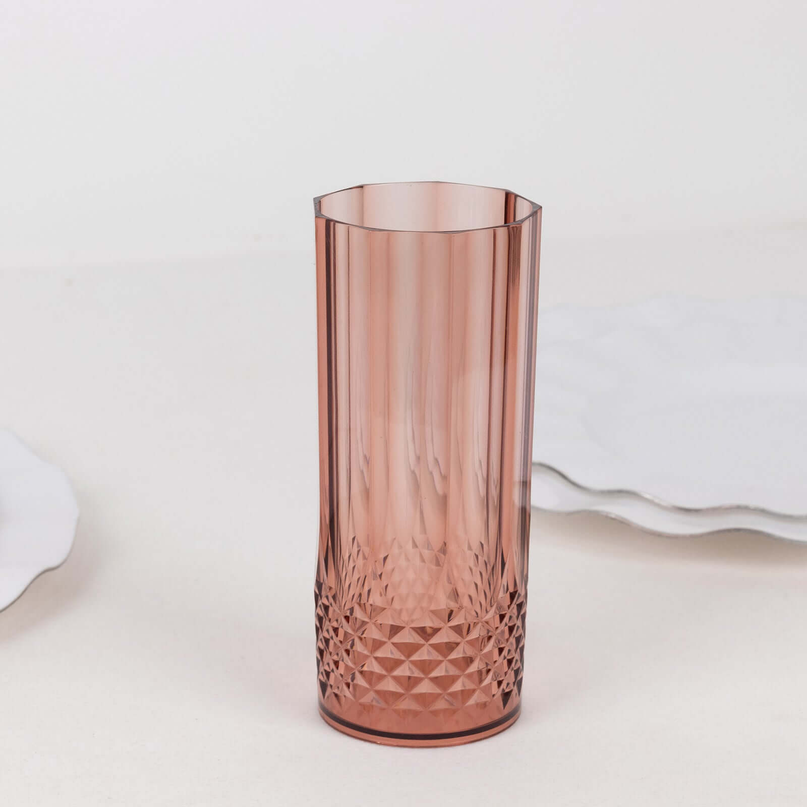 6-Pack Plastic Cocktail Tumblers Dusty Rose Transparent Crystal Cut Style - Shatterproof Highball Glasses 14oz