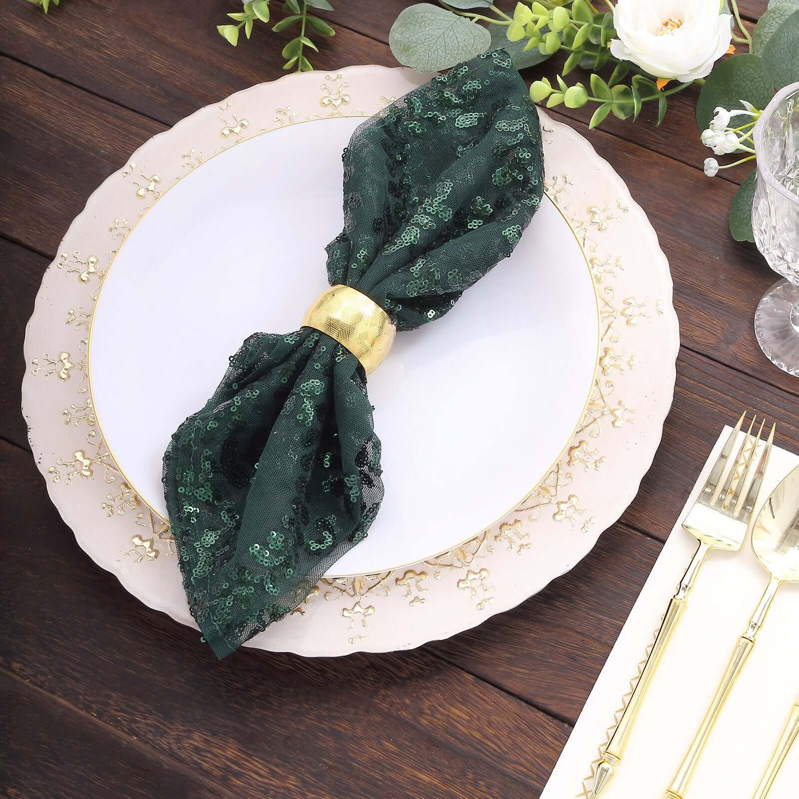 Sequin Tulle 20x20 Napkin Hunter Emerald Green - Embroidered Leaf Vine Dinner Napkins