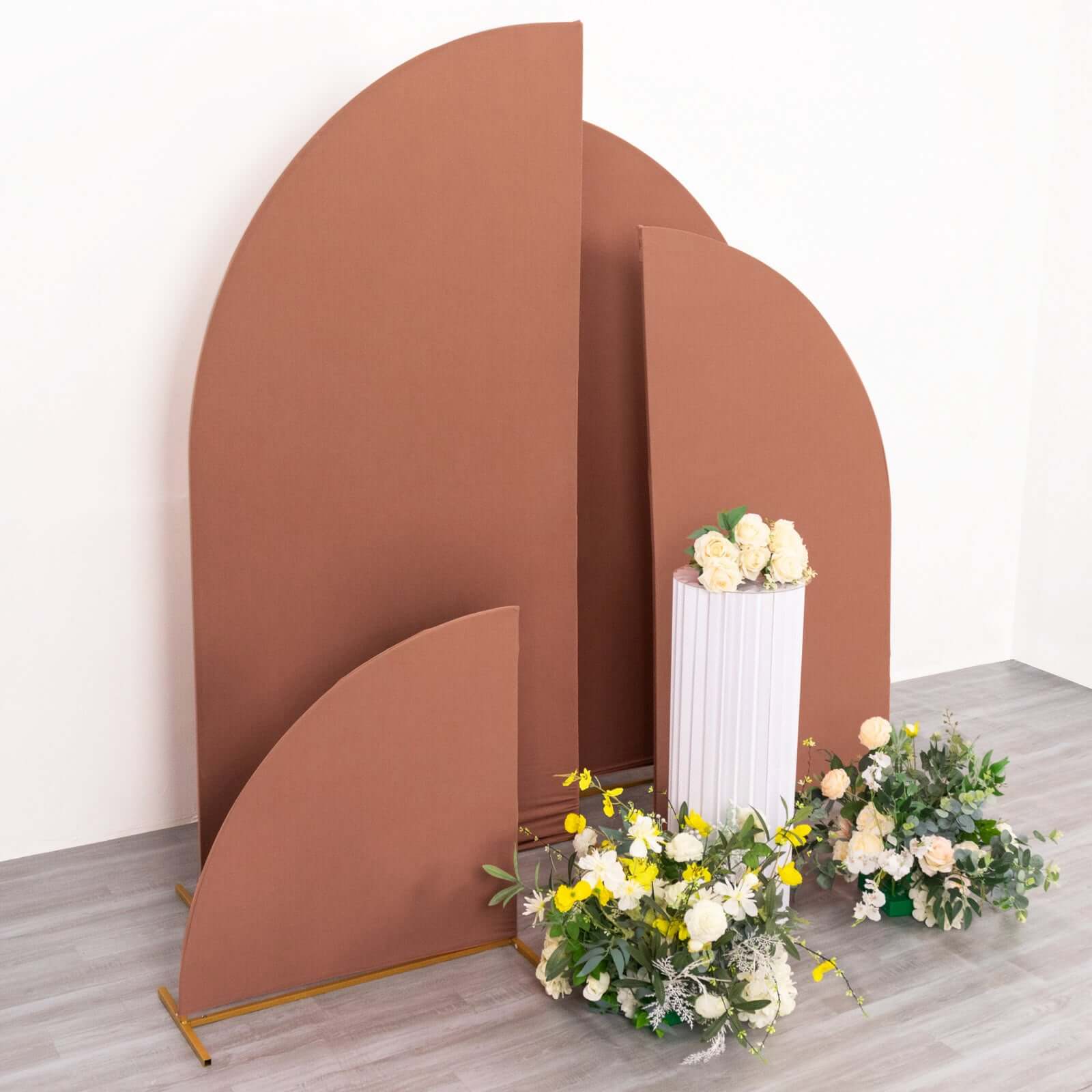 Set of 4 Matte Terracotta (Rust) Spandex Half Moon Chiara Backdrop Stand Covers, Custom Fitted Wedding Arch Covers - 2.5ft,5ft,6ft,7ft