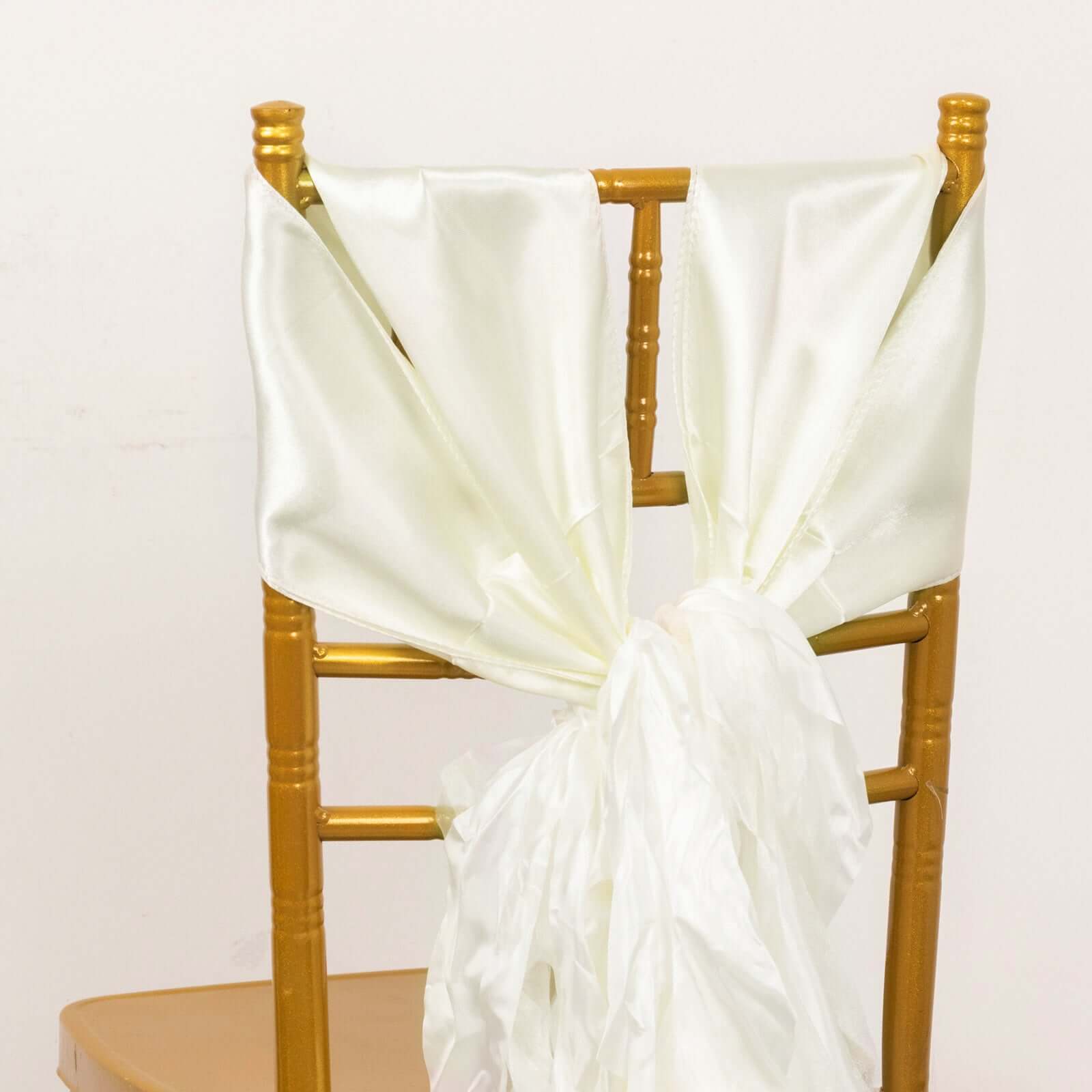 5 Pack Chiffon Satin Chair Sashes Ivory - Easy to Install Ruffled Curly Willow