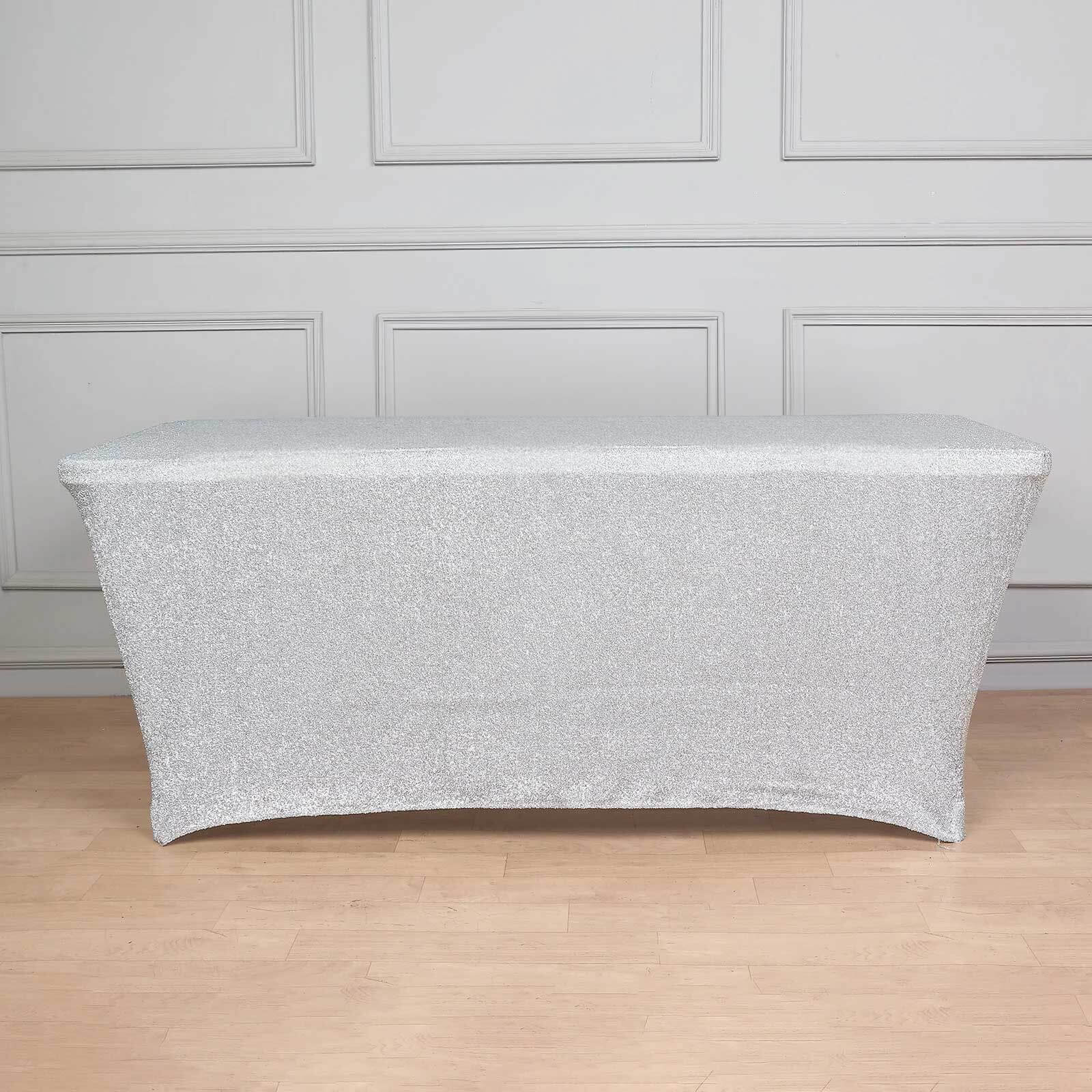 Shimmer Tinsel Spandex 72x30 Rectangle Tablecloth Metallic Silver Glittered Shiny Stretch Table Cover