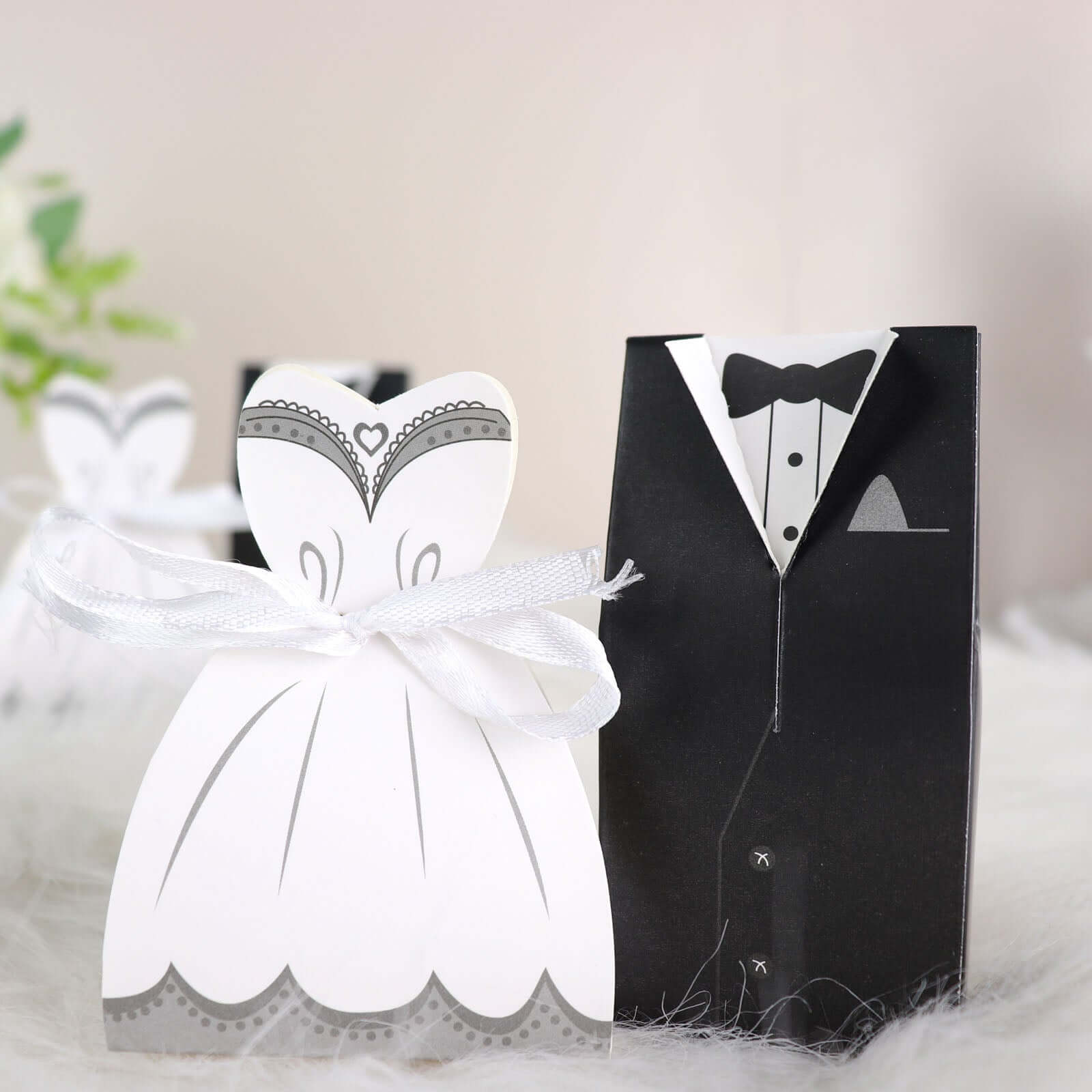 50 Pcs Set Wedding Dress and Tuxedo Shower Party Favor Candy Gift Boxes with Ribbon Ties