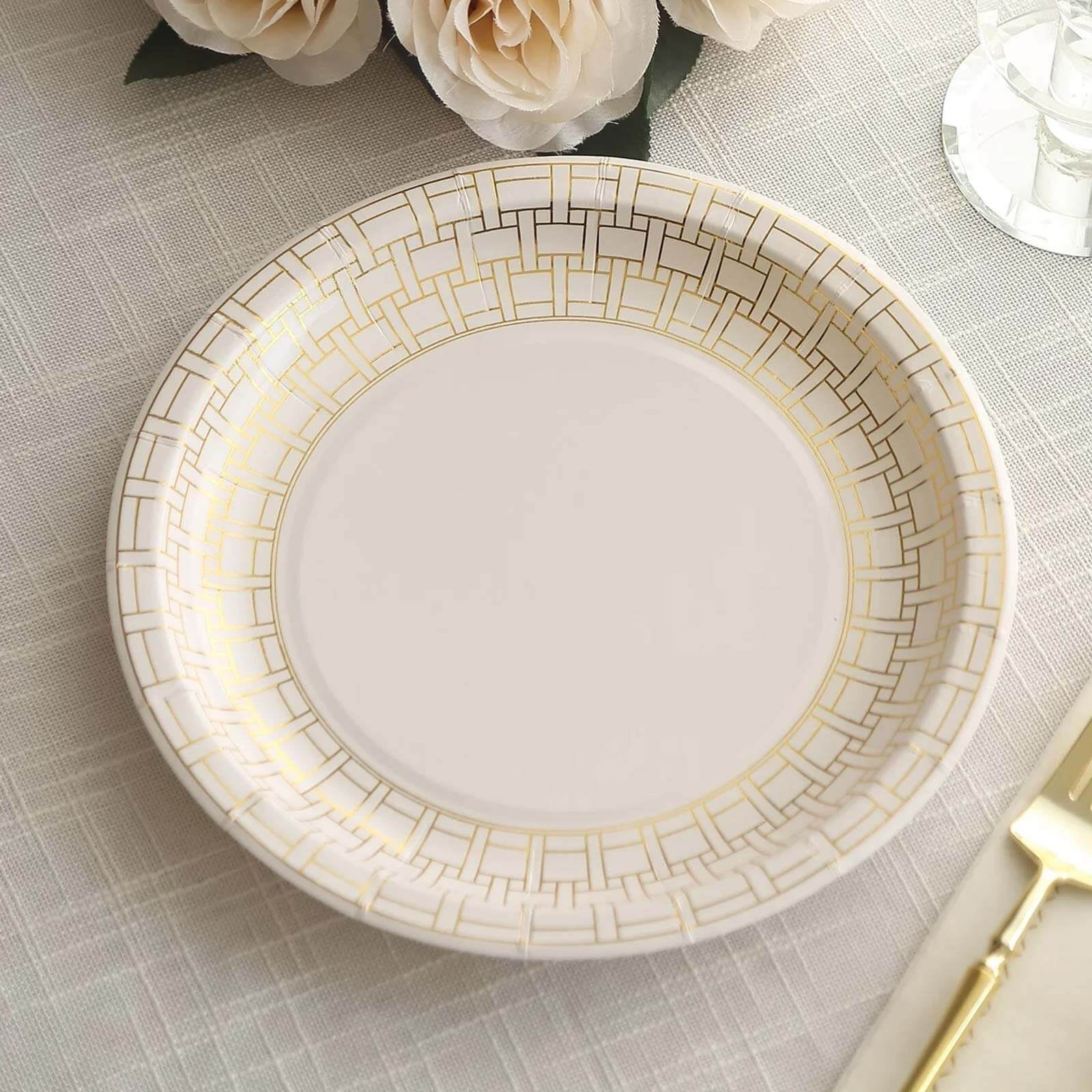 25-Pack Paper 9 Round Dinner Plates in White with Gold Basketweave Rim - Disposable Party Plates for Stylish Soirées & Festive Brunches