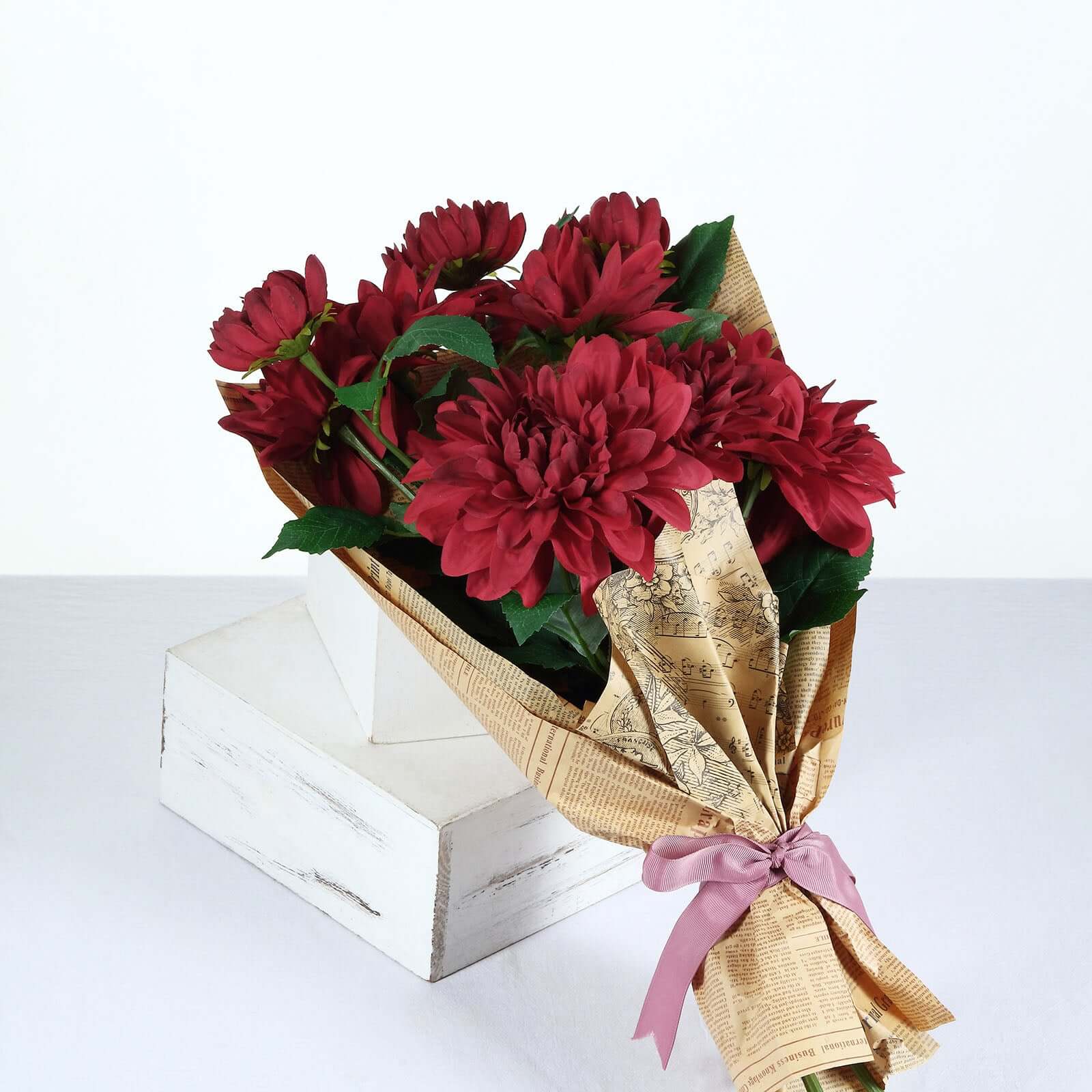 30 Tall Burgundy Artificial Dahlia Silk Flower Stems, Faux Floral Spray