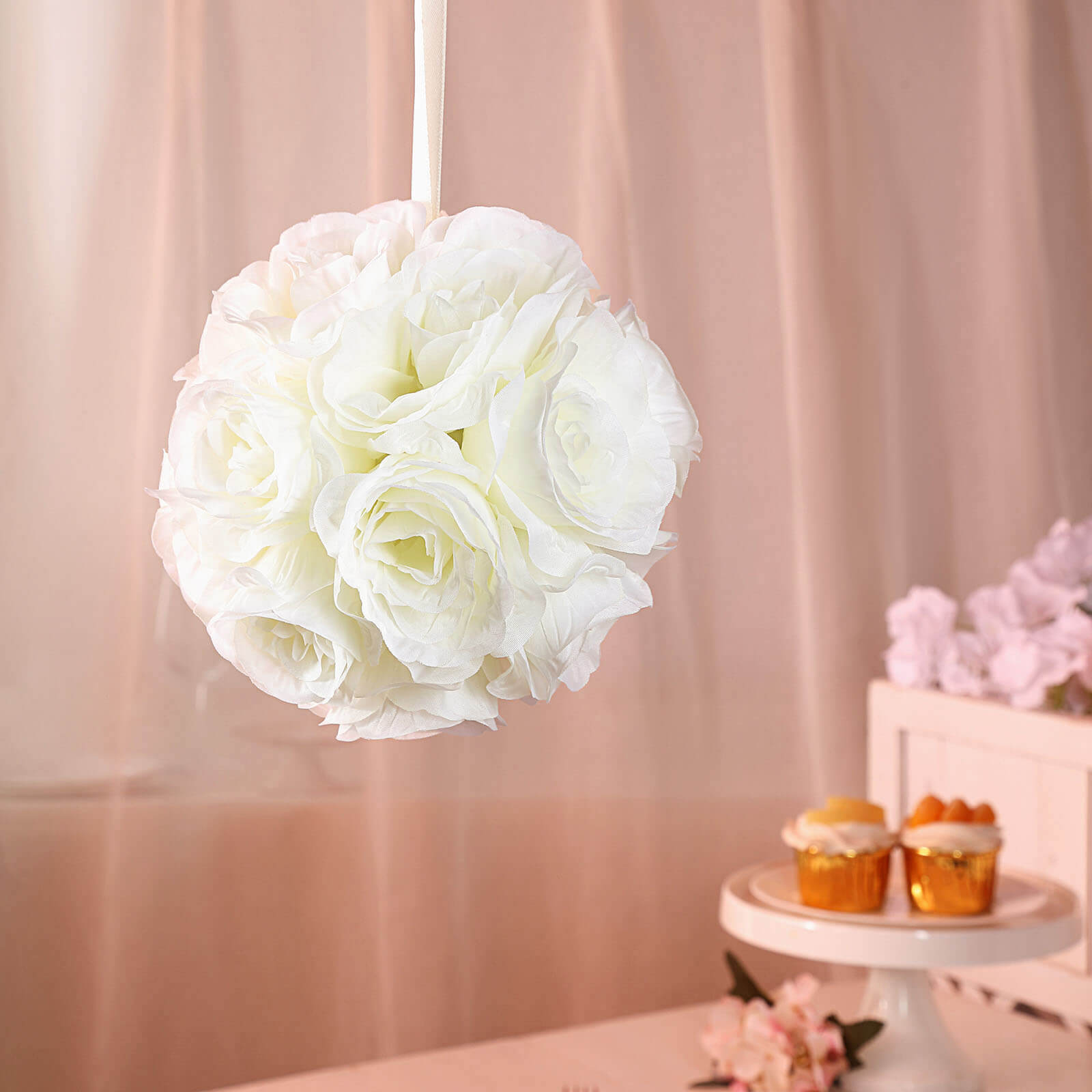 2 Pack 7 Cream Artificial Silk Rose Kissing Ball, Faux Flower Ball