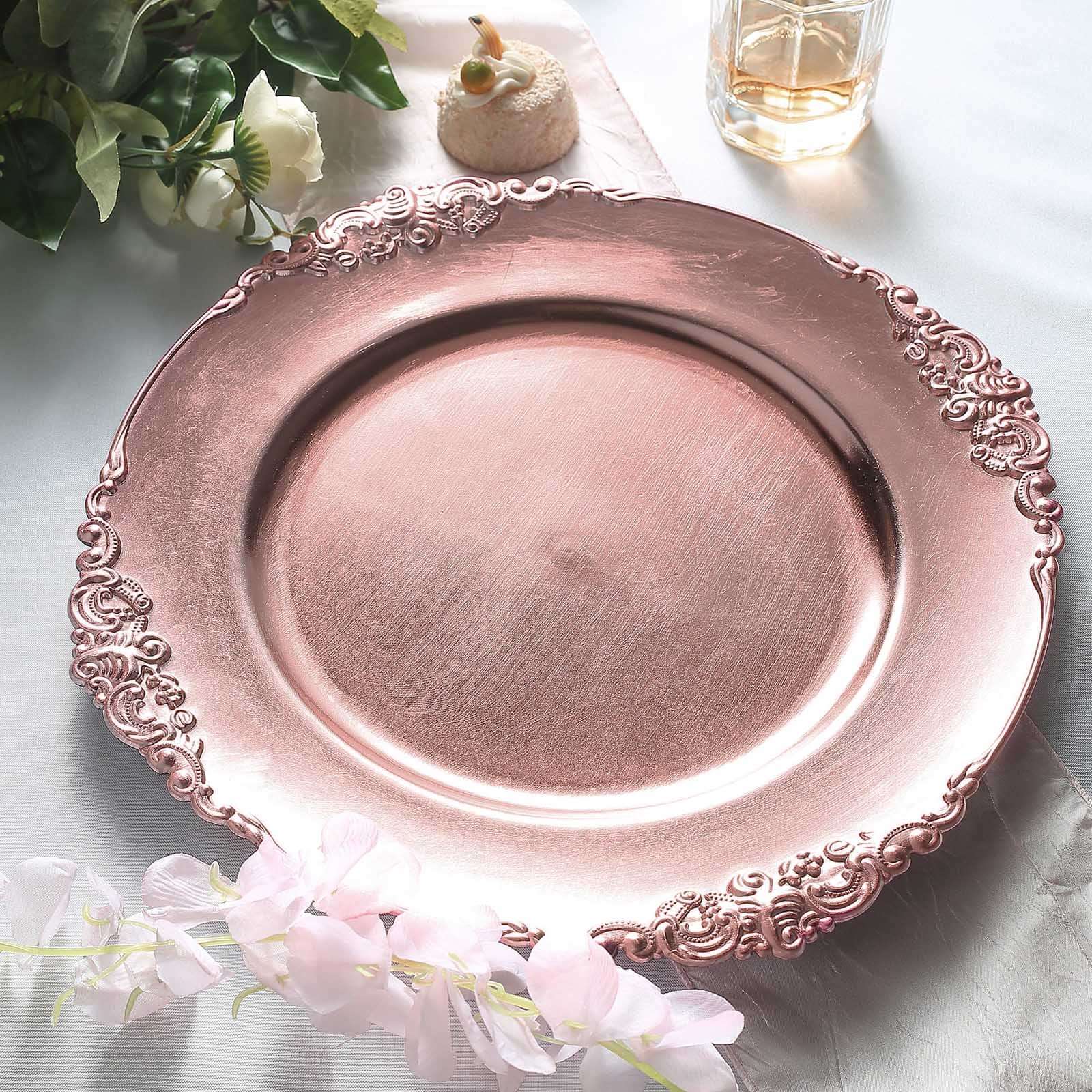 6-Pack Acrylic Round Charger Plates 13 in Rose Gold with Embossed Baroque Rim, Antique Decorative Dinner Party Charger Tableware