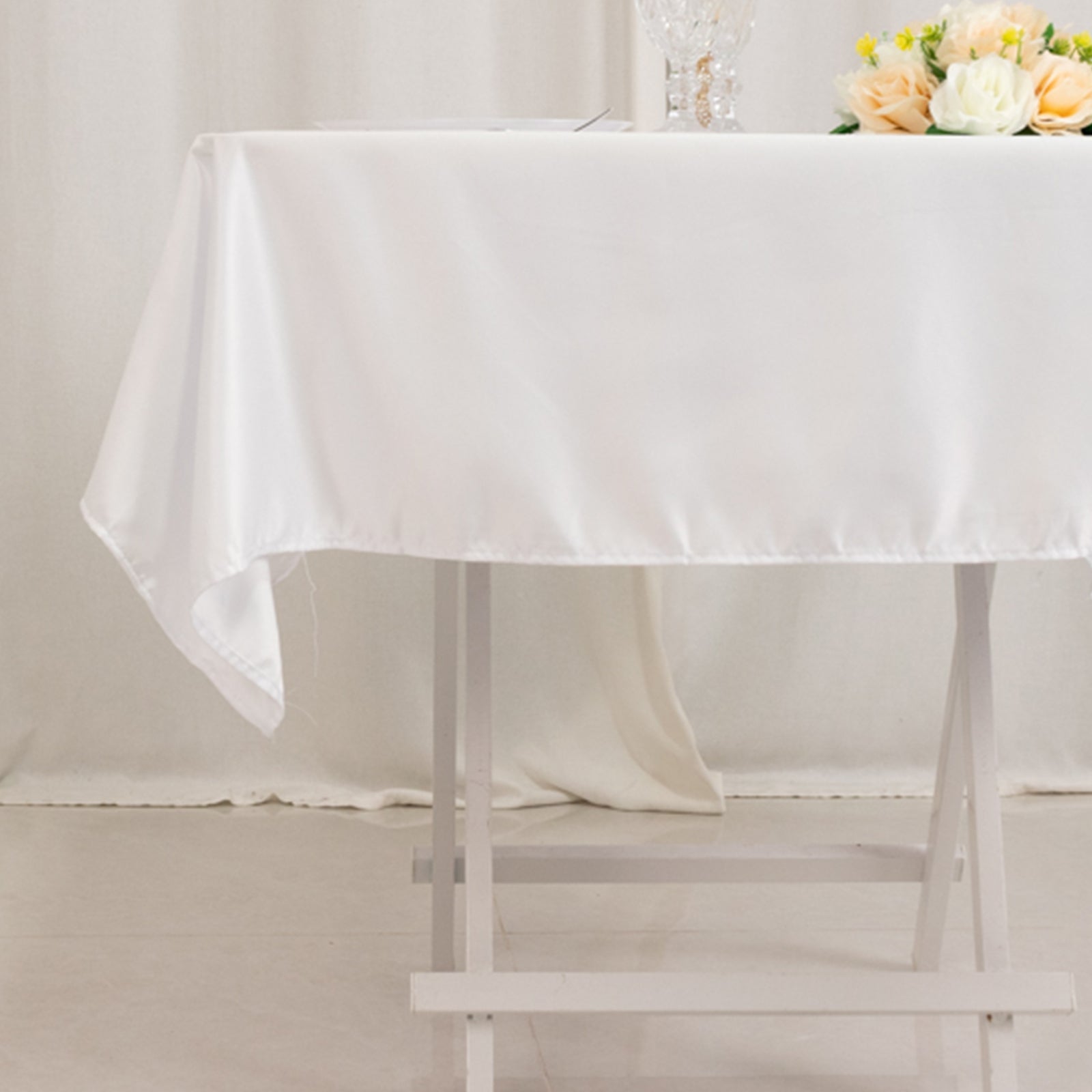 Lamour Satin 54x54 Square Tablecloth White - Durable & Silk-Like Table Cover for Weddings & Parties
