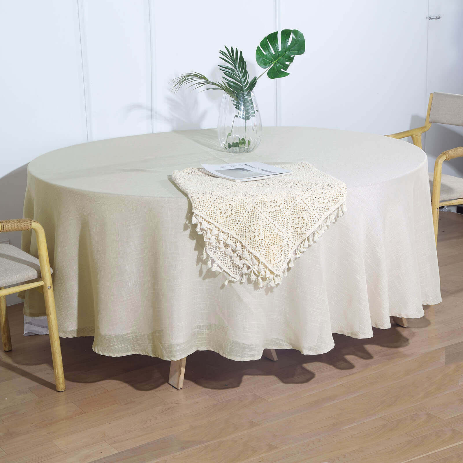 Faux Linen 108 Round Tablecloth Beige - Slubby Textured & Wrinkle Resistant Table Cover