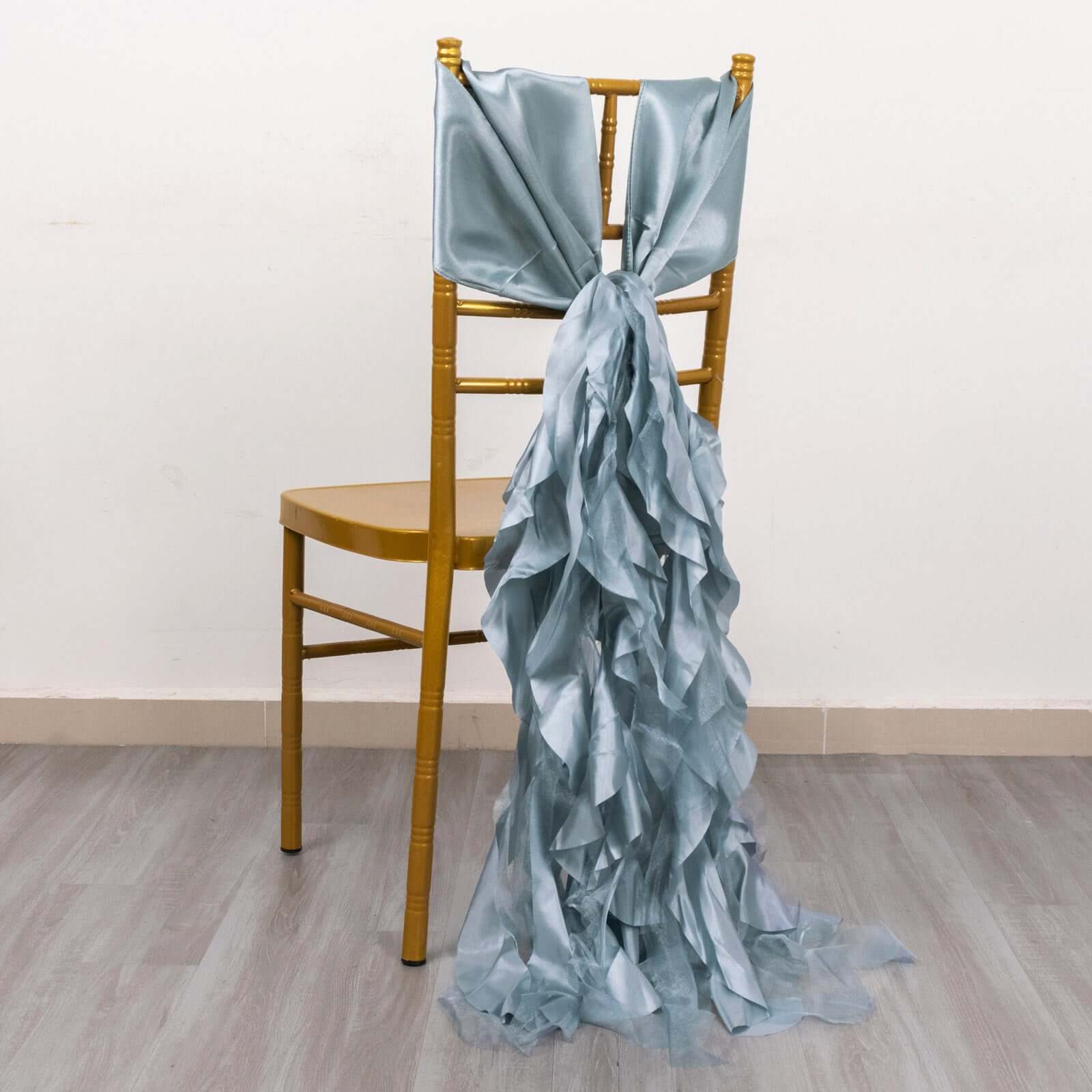 5 Pack Chiffon Satin Chair Sashes Dusty Blue - Easy to Install Ruffled Curly Willow