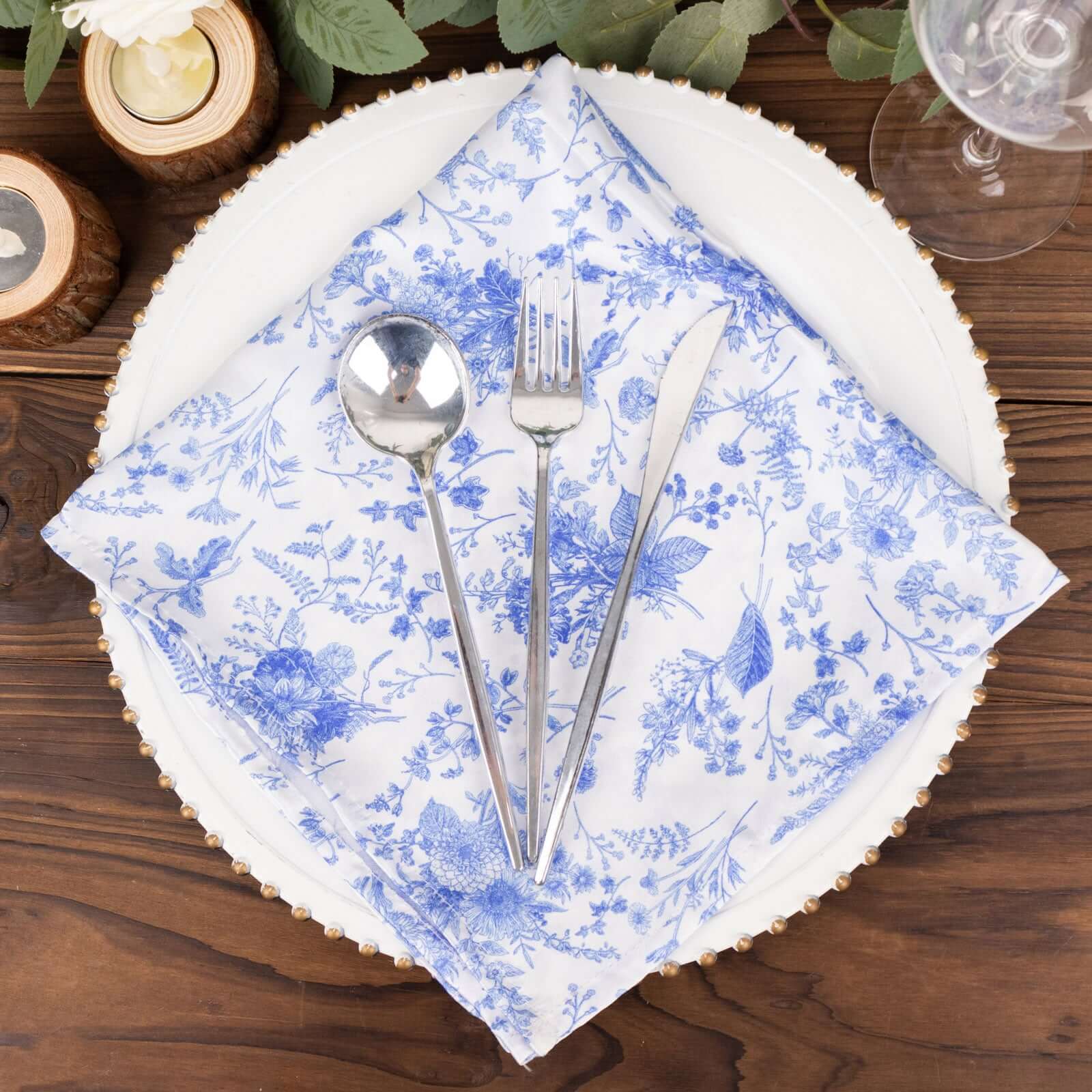 5 Pack Satin 20x20 Napkins White/Blue French Toile Pattern - Classy & Easy to Maintain Cloth Napkins for Weddings & Events