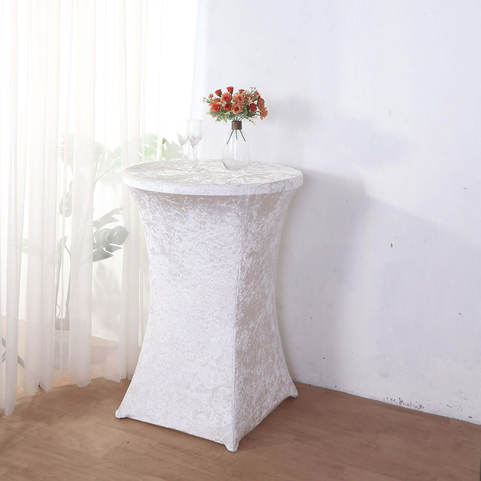 Crushed Velvet Spandex 32 Round Cocktail Table Cover White Highboy Tablecloth - Smooth & Polished Party Decor