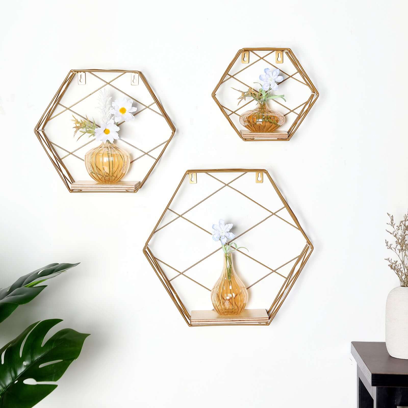 3 Pack Gold Hexagonal Floating Wall Shelves, Decorative Geometric Wall Mounted Shelves - 9,12,14