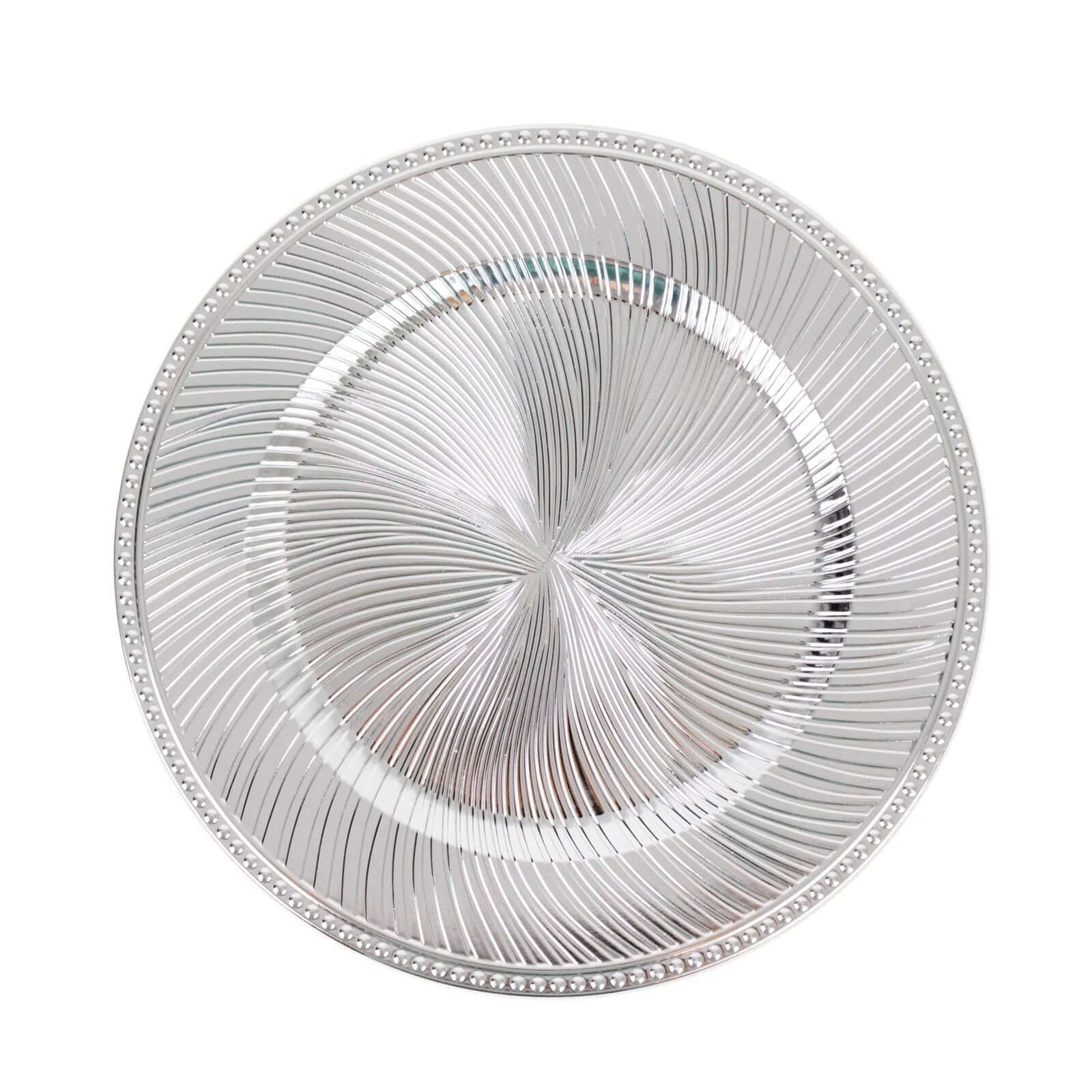 6-Pack Acrylic Round Charger Plates 13 in Metallic Silver Swirl Pattern with Beaded Rim, Plastic Decorative Dinner Party Charger Tableware